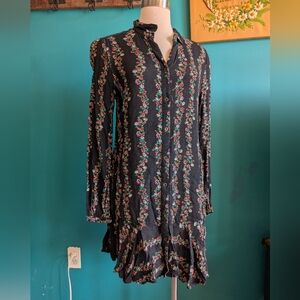 Free People Size Small Mini Dress Shirtdress Floral Long Sleeve Dress